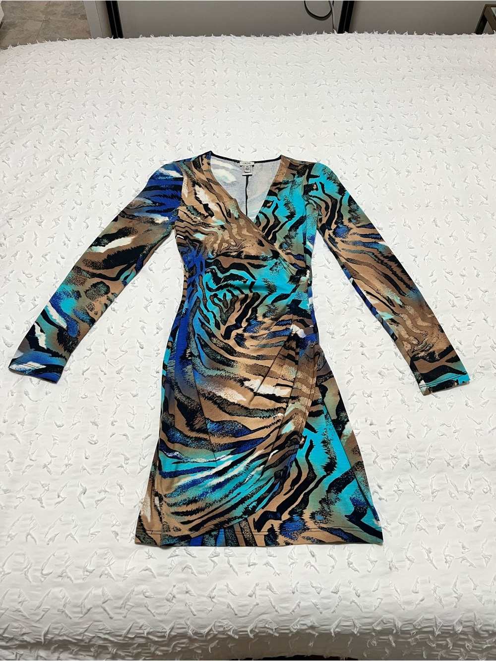 Vintage Cache Teal, Blue & Brown Animal-Print Wrap Dress